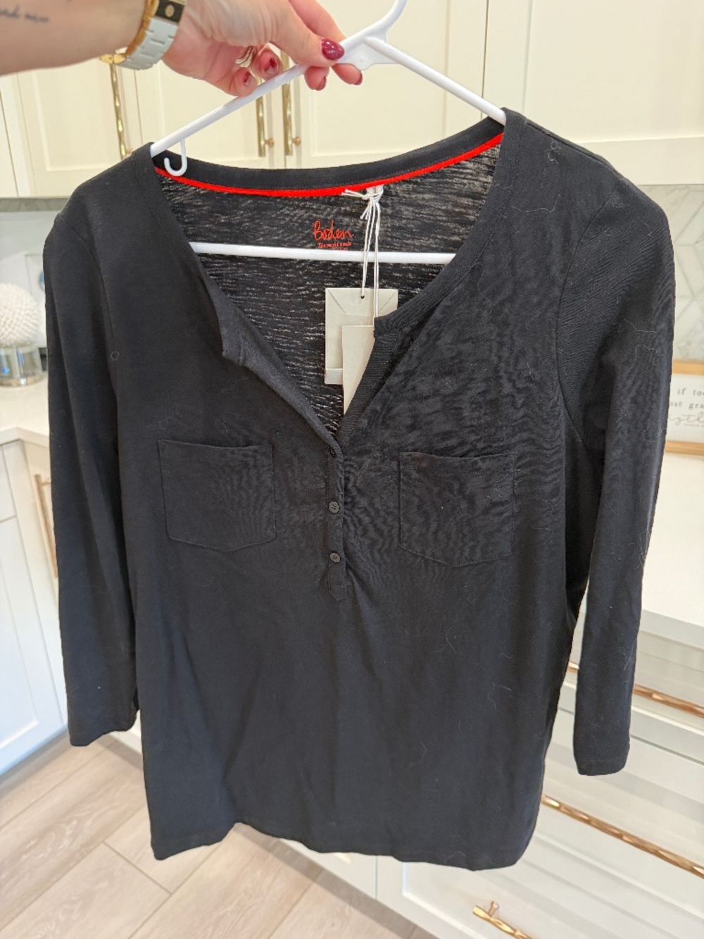 Boden Black Henley 3/4 sleeve shirt, Women's M, NWT